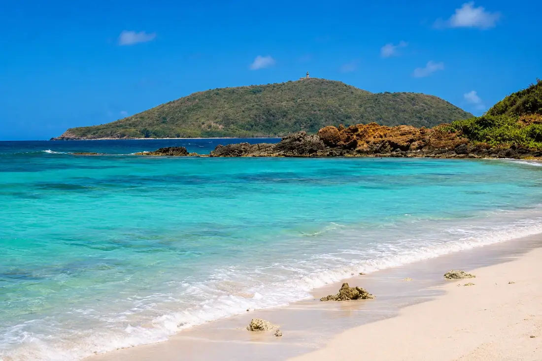 View from Playa Zoni toward Culebrita and its lighthouse in barrio Fraile, Culebra