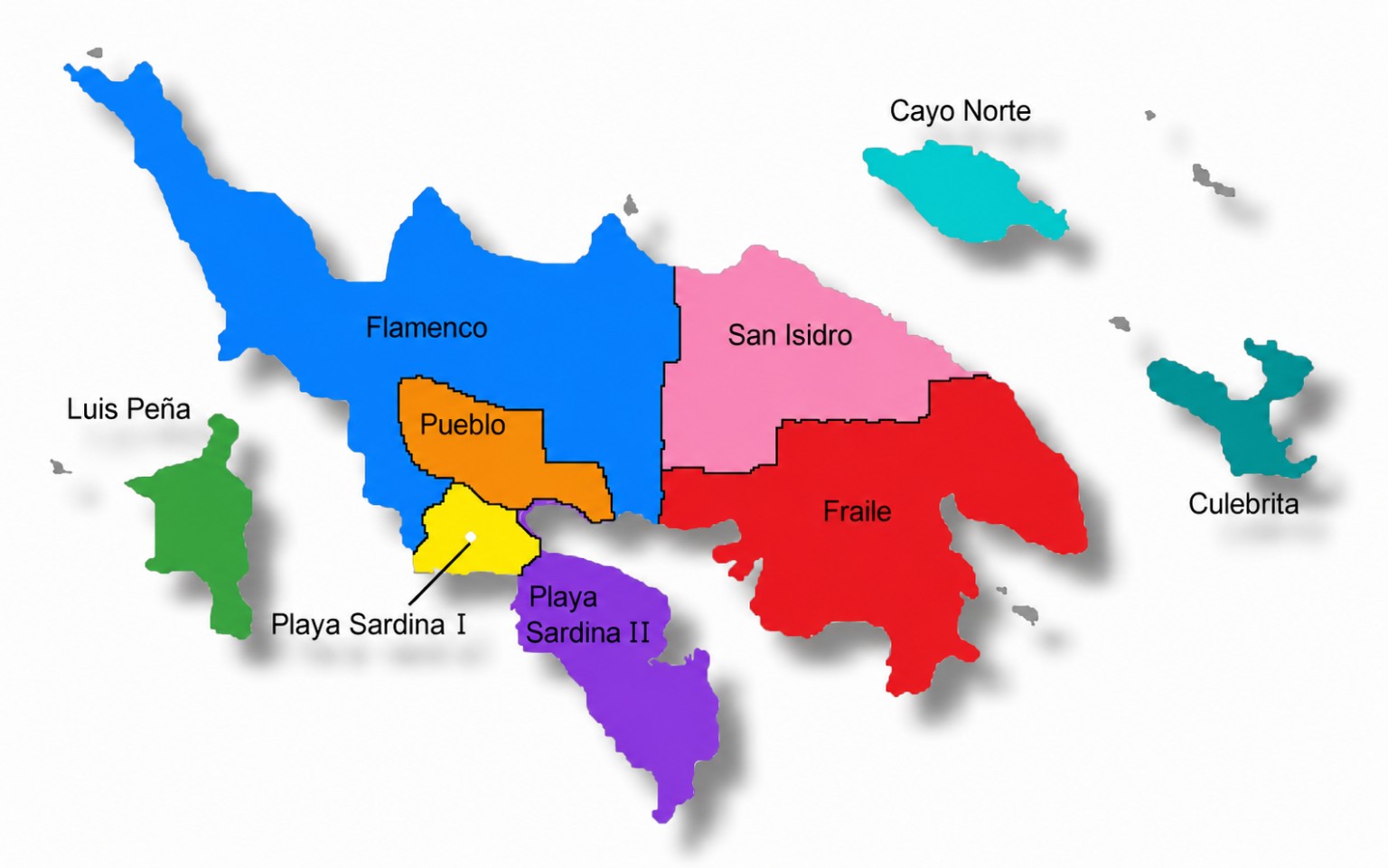Color-coded map of Culebra's six official barrios